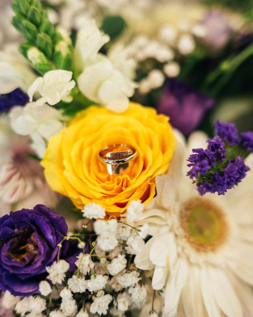 Wedding rings in bouquet